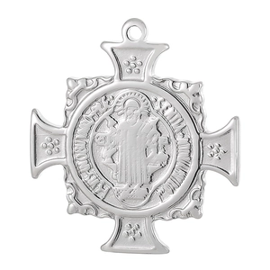 Detailed macro view of silver exorcist cross pendant with religious relief carving