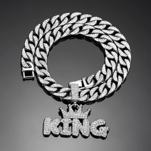 Silver iced-out KING crown pendant on Cuban chain necklace for hip hop jewelry style