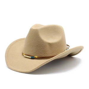Close-up of beige wool western cowboy hat with decorative beaded leather cord detail