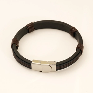 Men's leather bracelet with woven brown cords and silver stainless steel clasp