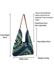 Large multicolor handwoven hobo bag with brown leather strap and size dimensions