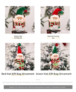 Detailed view of Christmas elf candy jars and gift bag ornaments in red and green colors