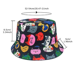 Kids black reversible bucket hat with colorful cartoon cat prints and sun protection