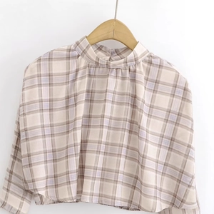 Plaid high-neck long sleeve blouse for women featuring a beige and lilac checkered pattern