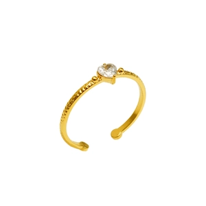 Adjustable golden stainless steel ring with hammered texture and heart zirconia stone
