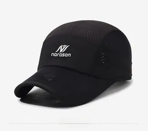 Detail view of black breathable mesh baseball cap with narason printed logo