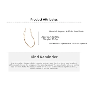 Detail of 122.9cm gold pearl snake chain necklace showing length and technical specs