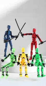 Detailed view of five colorful 13-jointed movable figures with weapons on display