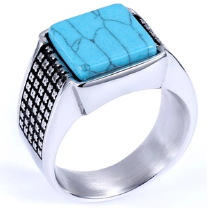 Silver square turquoise ring with vintage engraved patterns on the side band