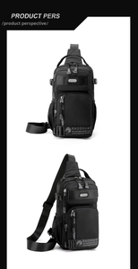 Front and side 45-degree angle views of the black multi-pocket crossbody sling bag