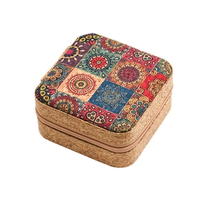 Cork travel jewelry box with colorful mandala pattern and zipper closure for storage