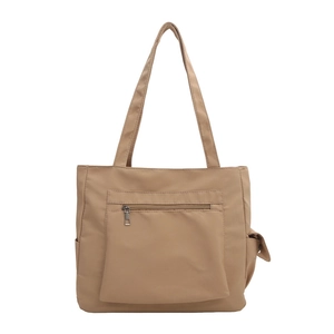Large khaki canvas tote bag for women with front zipper pocket and shoulder straps