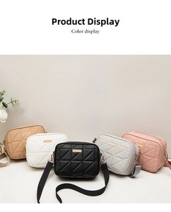Quilted diamond pattern crossbody bags in black, white, pink, grey and khaki colors
