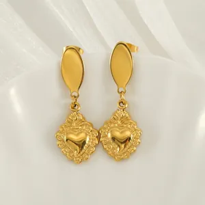 Sacred Heart Drop Earrings Stainless Steel 18K Gold Plated Vintage Embossed Heart Dangle Jewelry For Women