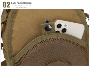 Detailed view of the tactical sling bag back mesh pocket with a secure metal snap button