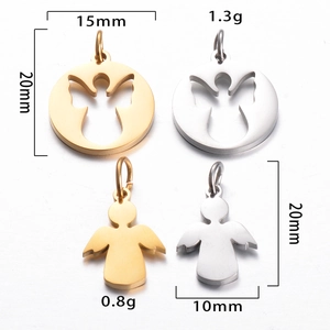 Detail view of stainless steel angel pendants showing exact dimensions in gold and silver