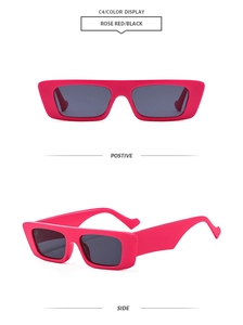 Macro view of vintage rose red square sunglasses with wide geometric temples and dark lenses