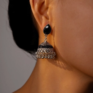 Vintage Jhumka Bell Tassel Earrings Alloy Rhinestone With 925 Sterling Silver Earring Post Ethnic Bohemian For Women