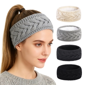 Winter chunky knit cable headband with warm fleece lining in grey, beige, and black