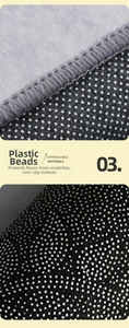 Detailed view of non-slip dotted backing and durable grey stitching on modern rug