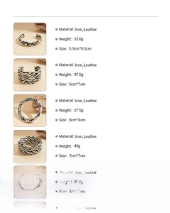Size chart showing material details and dimensions for leopard print faux leather bracelets
