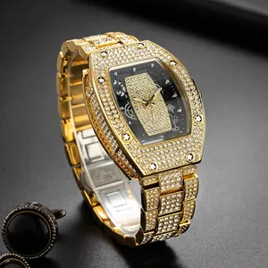 Luxury Tonneau Iced Out Quartz Watch For Men Women Full Rhinestone Skeleton Dial Hip Hop Metal Band Wristwatch Jewelry Gift