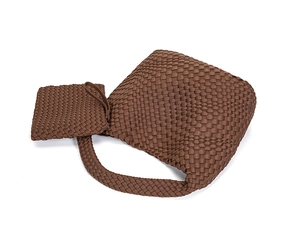 Detail view of brown woven tote bag and matching small pouch in neoprene waterproof material