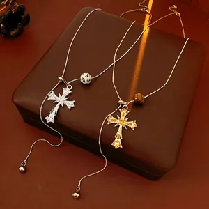 Tiger eye stone cross pendant necklaces with gothic style beads and adjustable snake chain