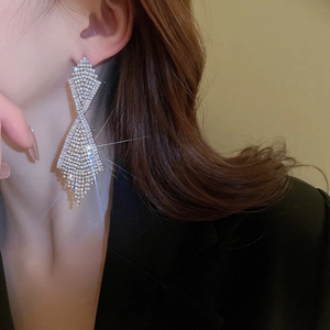 Macro side view of silver tassel earrings with sparkling rhinestones worn by a model