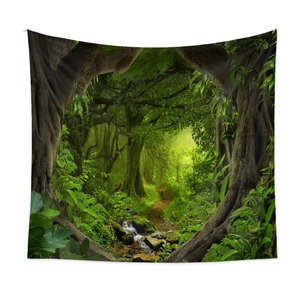Macro detail of tropical forest tapestry showing lush green plants and scenic path