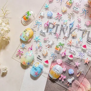 5D embossed summer beach nail stickers with palm trees and sea stars on clear background