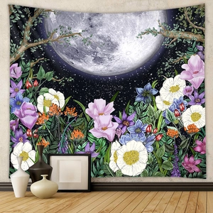 Tapisserie bohème phases de lune avec motifs floraux colorés pour décoration murale