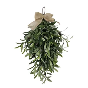 Olive leaf swag with dark berries and burlap bow for spring and holiday door decor