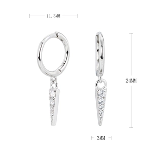 Detailed view of S925 silver cone earrings with white zircon including size measurements