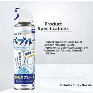 Detailed view of 500ml toilet foam spray with long nozzle and cleaning ingredients