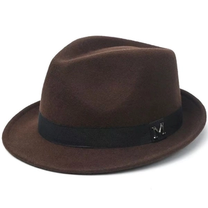 Fedora in lana marrone scuro con nastro in gros-grain nero e logo M in metallo argento