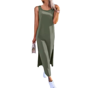 Ärmelloses Maxikleid in Olivgrün mit Seitenschlitz und Rundhalsausschnitt für den Sommer
