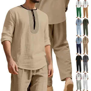 Detailed fabric texture of the men's long sleeve linen henley shirt and matching pants set