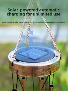 Solar panel detail of a moon wind chime with bronze metal finish and hanging chains