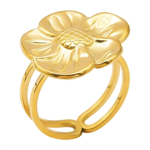 Adjustable 304 stainless steel open ring with a polished golden flower petal design