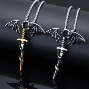 Gothic dragon and sword pendant necklaces in silver and gold stainless steel finishes