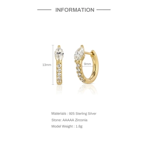 Detailed technical view of 925 sterling silver gold earrings with AAAAA zirconia dimensions