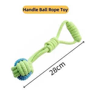 Macro shot of a 28cm green cotton rope dog toy showing durable woven ball detail