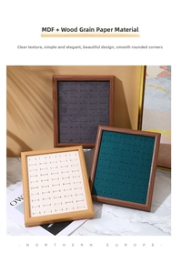 Detail of walnut jewelry display trays with velvet slots for rings and necklaces