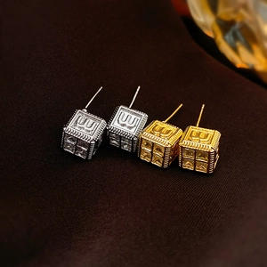 Geometric Square Stud Earrings Copper With Zircon And Letter M Detail Silver Earring Post Fashion For Women
