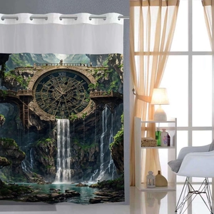 Waterproof waffle shower curtain with giant vintage clock and waterfall fantasy print