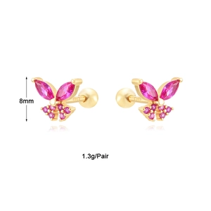 Detail view of S925 sterling silver butterfly earrings with pink cubic zirconia stones