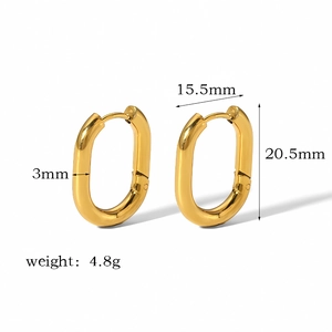 Polished gold stainless steel oval hoop earrings shown from a 45-degree side perspective
