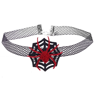 Gothic Halloween choker featuring a red glitter spider and black web pendant on mesh