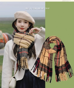 Detailed view of the thick checkered tassel scarf featuring soft warmth and classic plaid texture
